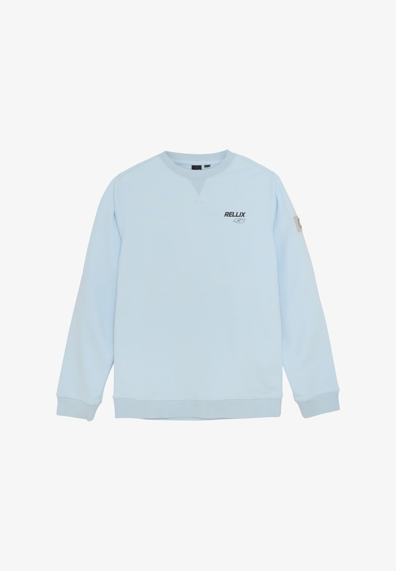 Sweatshirt bleu clair avec un col ras du cou, des manches longues, des poignets côtelés et un ourlet inférieur. Présente le logo noir "RELLIX" sur le devant.