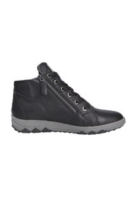 Schwarze Leder-Stiefeletten mit runder Zehenform, seitlichem Reißverschluss, kontrastierender grauer Sohle und strukturiertem Finish.