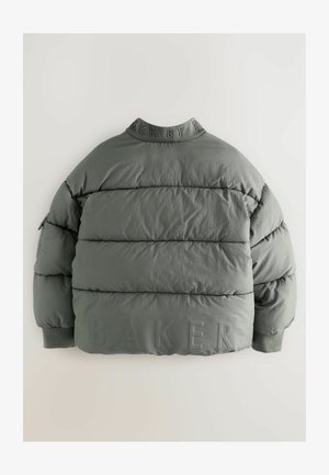 Chaqueta de plumas gris con un diseño acolchado, presenta un cuello redondeado, una sutil marca en el cuello y la parte posterior, y puños elásticos.