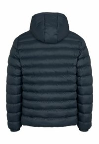 Marineblauwe gewatteerde jas met capuchon, voorzien van horizontale stiksels, elastische manchetten en een gladde, glanzende textuur. Achteraanzicht weergegeven.