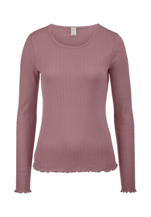 Maglietta a maniche lunghe, aderente, in morbido tessuto a coste color rosa. Presenta un colletto rotondo e bordi ondulati ai polsini e all'orlo.
