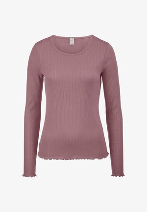 Maglietta a maniche lunghe, aderente, in morbido tessuto a coste color rosa. Presenta un colletto rotondo e bordi ondulati ai polsini e all'orlo.