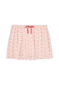 Ljust rosa rutiga shorts med små röda hjärtan, med en elastisk midja och snörning. Tillverkade av mjukt, andningsbart material.
