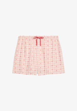 Ljust rosa rutiga shorts med små röda hjärtan, med en elastisk midja och snörning. Tillverkade av mjukt, andningsbart material.