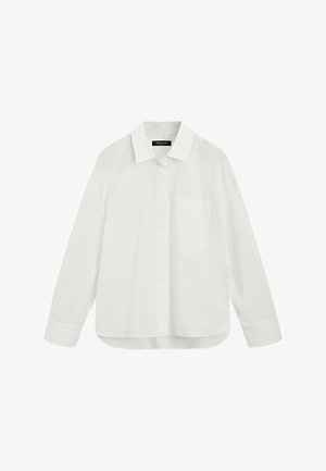 White long-sleeve shirt made of cotton, featuring a button-up front, collar, and a single chest pocket, with a relaxed fit and soft texture.
