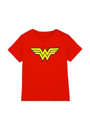 Red short-sleeve t-shirt with a large yellow double-W Wonder Woman logo centered on the chest.