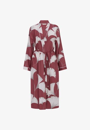 Lange mauve jurk met witte ginkgobladvormen, wijde kraag, lange mouwen en een bijpassende stoffen ceintuur in de taille.