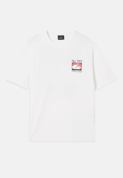 Vit bomull t-shirt med en framficka grafik med en rosa kanin design och "Paul Smith" text, placerad mot en fyrkantig kontur.