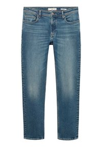 Lichtblauwe denim jeans met een klassiek rechte pijpdesign, vijf zakken en subtiele vervaging op de knieën en bovenbenen. Beknopte stikdetails.