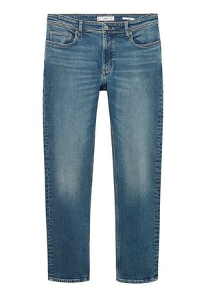 Helle blaue Jeans aus Denim mit einem klassischen geraden Bein Design, fünf Taschen und dezentem Verblassen an den Knien und Oberschenkeln. Prägnante Nähdetails.