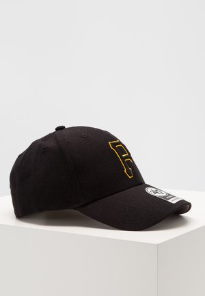 Black baseball cap made of fabric with a curved visor, featuring a yellow embroidered letter "P" on the front and a patch label on the side.