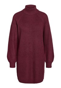 Sweater tricotado cor bordeaux com gola alta, mangas raglan e punhos e bainha canelados. Textura espessa com um corte descontraído.