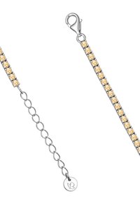 Zelta akcentu sudraba rotaslietu ķēde, kas rotāta ar sēriju caurspīdīgu rhinestone akmeņu, ar omā mašīna aizdari un pagarinošu regulējamu ķēdi ar birku.