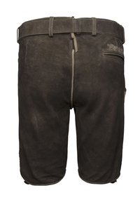 Brune suedeshorts med en mellemhøj talje, bæltesløjfer og en enkelt baglomme. Har stikninger langs lommekanterne.