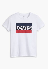 White cotton t-shirt featuring a large Levi's logo in black overlaid on a rectangular blue and red background. Round neck and short sleeves.