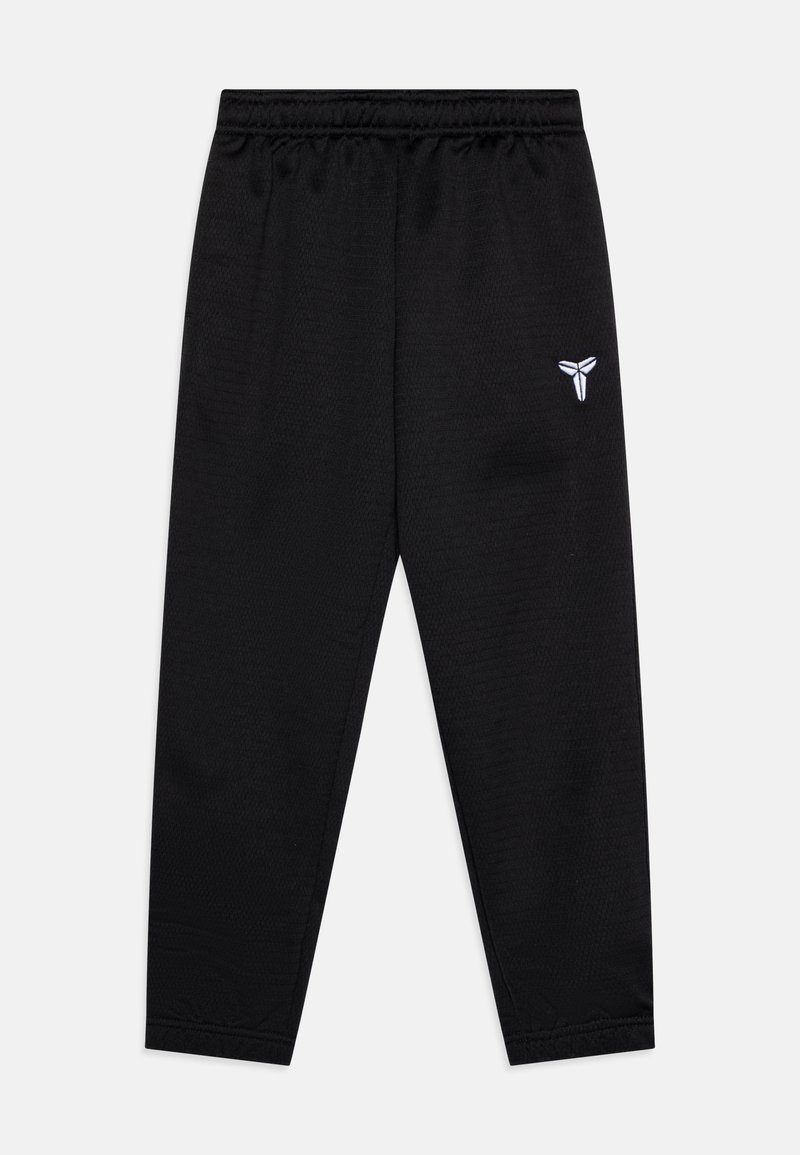 Black athletic pants with an elastic waistband, featuring a textured fabric and a small white logo on the left thigh.