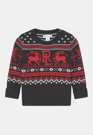 Pull en tricot noir pour enfants avec motifs nordiques rouges et blancs, rennes, et initiales "RL", doté de deux boutons aux épaules et de poignets et ourlet côtelés.