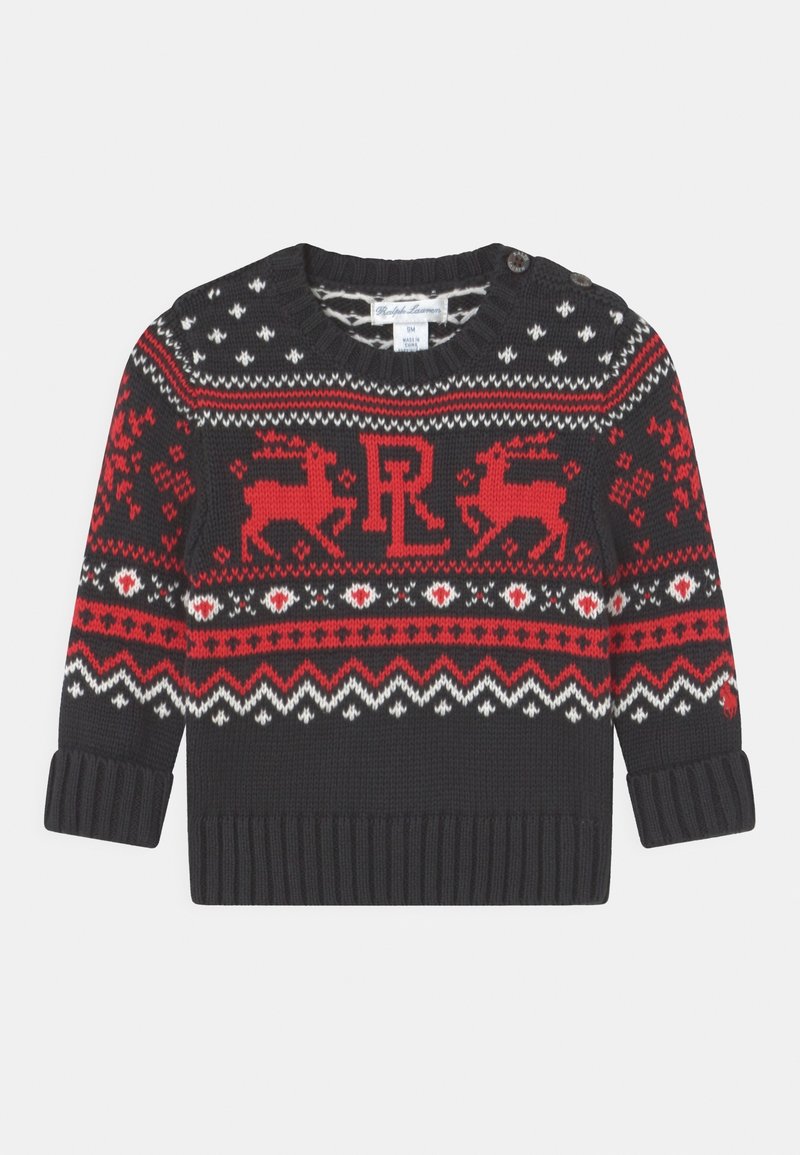 Pull en tricot noir pour enfants avec motifs nordiques rouges et blancs, rennes, et initiales "RL", doté de deux boutons aux épaules et de poignets et ourlet côtelés.