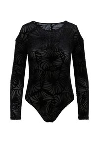 Zwart lange mouwen jumpsuit met bloemmotief, doorzichtige stof, ronde hals, uitsnijdingen op de schouders en naadloos ontwerp aan de onderkant.