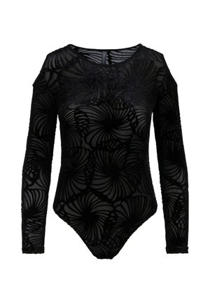 Bodysuit negro de manga larga con estampado floral, tejido transparente, escote de cuello redondo, hombros descubiertos y diseño de fondo sin costuras.