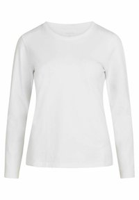 Hvid langærmet T-shirt lavet af bomuld. Har en rund halsudskæring og en lige kant, uden synlige mønstre eller detaljer.