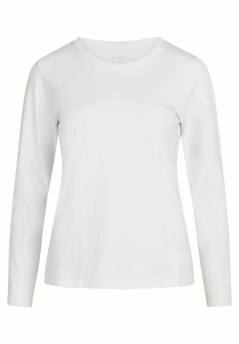Hvid langærmet T-shirt lavet af bomuld. Har en rund halsudskæring og en lige kant, uden synlige mønstre eller detaljer.