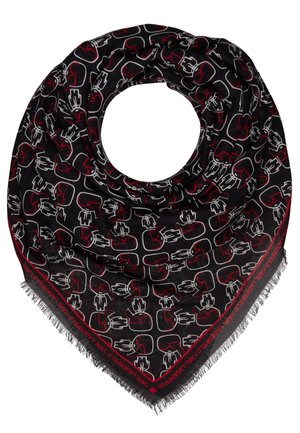 Écharpe noire avec motifs abstraits de visages rouges et blancs et bords à franges, disposée en boucle circulaire avec un point triangulaire.