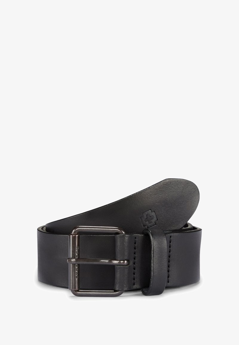 Schwarzer Leder-Gürtel mit glatter Textur, rechteckiger Schnalle in Silberfarbe und Logo-Detail, das auf den Gürtel geprägt ist. Klassiker und funktionales Design.