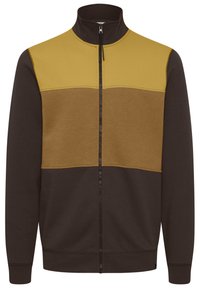 Reißverschlussjacke mit hohem Kragen, Farbkombination in Gelb und Braun und gerippten Bündchen und Saum. Weicher Stoff.