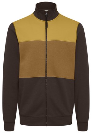 Reißverschlussjacke mit hohem Kragen, Farbkombination in Gelb und Braun und gerippten Bündchen und Saum. Weicher Stoff.