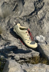 Zapato ligero beige con parte superior de malla transpirable, cordones rojos, suela texturizada y puntera reforzada, diseñado para uso al aire libre.