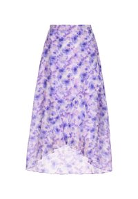 Gonna leggera e fluida con un motivo floreale in tonalità di viola e lilla. Presenta un orlo asimmetrico e una consistenza liscia.