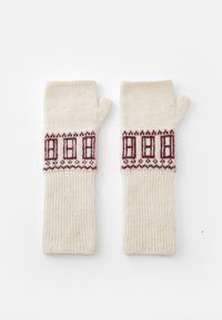 Guanti senza dita color crema realizzati in lana, con un motivo lavorato a maglia color maroon che rappresenta finestre e dettagli decorativi sul polso.