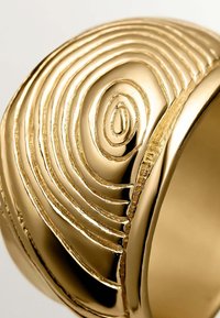 Anillo de oro con patrones espirales concéntricos, superficies lisas y texturizadas, con un acabado pulido y sutiles variaciones en profundidad.