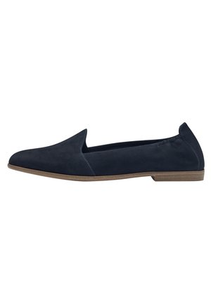 Navy suede slip-on shoes with a pointed toe, low profile, and a smooth texture. Brown rubber sole, minimal stitching detail.