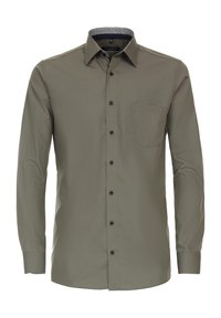 Olijfgroene lange mouw overhemd met een button-down kraag, één borstzak, zwarte knopen en een patroon aan de binnenkant van de kraag.