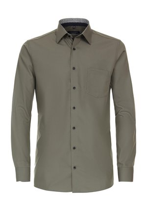 Olivgrünes Langarmhemd mit Button-Down-Kragen, einer einzelnen Brusttasche, schwarzen Knöpfen und einem gemusterten Innenkragen.