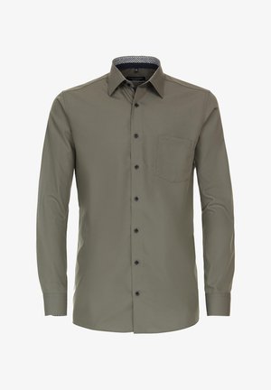 Olivgrünes Langarmhemd mit Button-Down-Kragen, einer einzelnen Brusttasche, schwarzen Knöpfen und einem gemusterten Innenkragen.