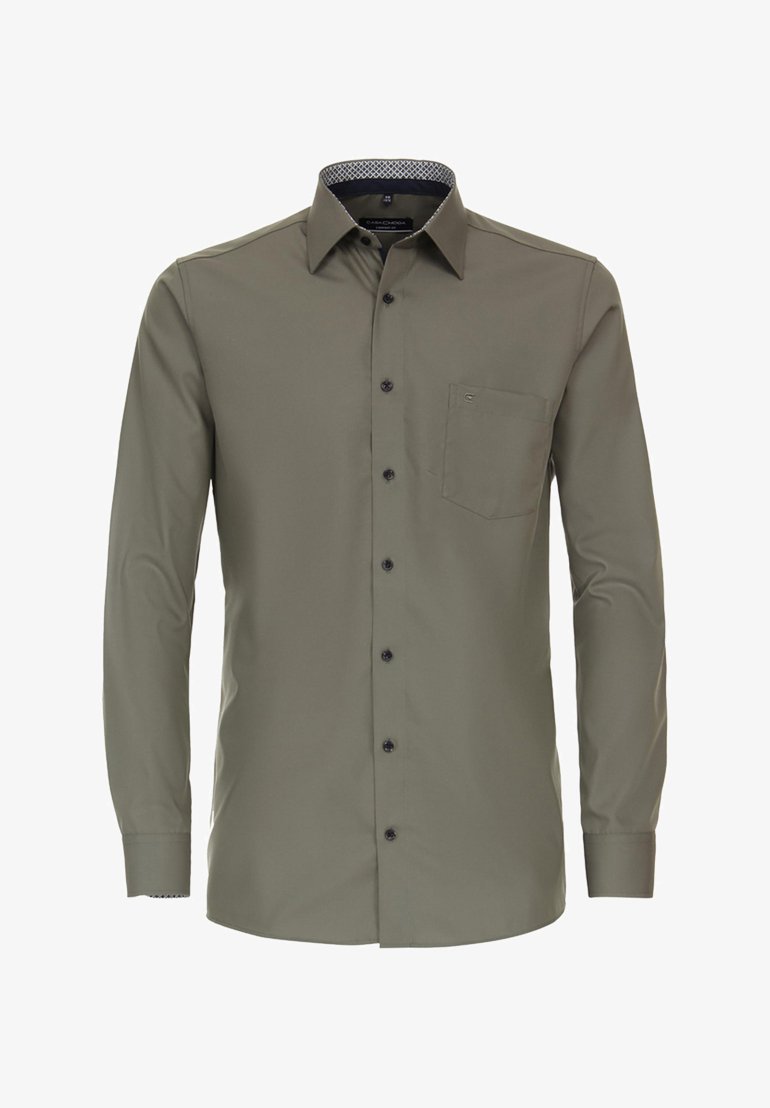 Olijfgroene lange mouw overhemd met een button-down kraag, één borstzak, zwarte knopen en een patroon aan de binnenkant van de kraag.