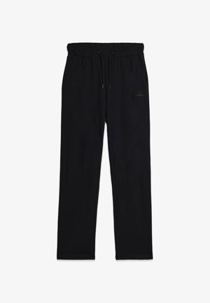 Pantalons noirs, légers, avec taille élastique et cordon de serrage, poches latérales, et un logo subtil sur la jambe inférieure. Texture lisse, coupe droite.