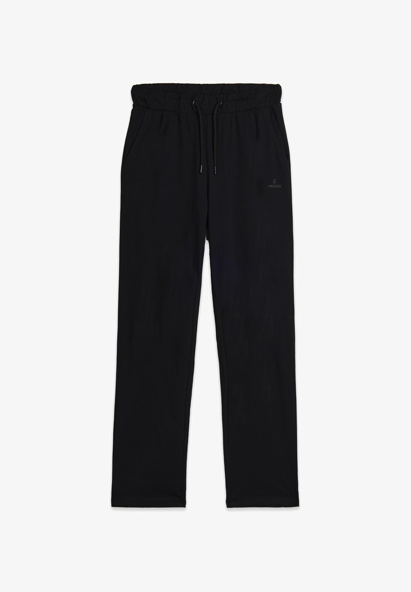 Pantalones negros, ligeros, con cintura elástica y cordón, bolsillos laterales y un sutil logo en la parte inferior de la pierna. Textura suave, corte recto.