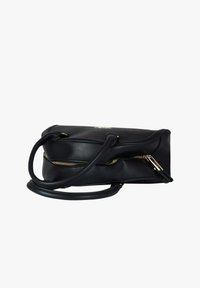 Borsa a mano in pelle nera con doppi manici, dettagli in oro sulle zip e texture liscia. Forma rettangolare compatta, con dettagli di design minimalisti.