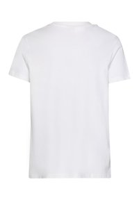 Camiseta de algodón blanca, de manga corta, con cuello redondo, textura suave, diseño liso, sin patrones ni acentos visibles, mostrada desde la parte posterior.