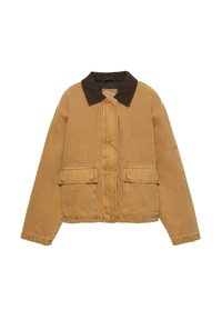 Barna vászon dzseki sötétbarna gallérral, elülső cipzárral és két nagy elülső zsebbel. Laza fazonú, látható varrási részletekkel.