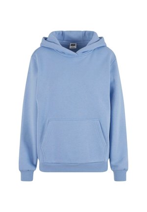 Helle blaue Kapuzensweatjacke aus weichem Stoff, mit Kängurutasche, gerippten Bündchen und einem lässigen Schnitt.
