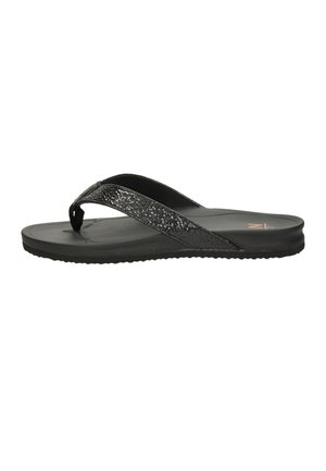 Schwarze Flip-Flop-Sandale für Damen mit strukturiertem Zehensteg und konturierter Sohle, seitlich auf weißem Hintergrund gezeigt.
