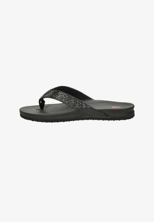 Black women's flip-flop sandal with textured thong strap and contoured sole shown from side profile on white background.