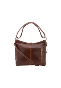 Braune Lederhandtasche mit einem Reißverschlussfach, doppelten Griffen und einem verstellbaren Schulterriemen. Enthält auffällige Steppnähte.
