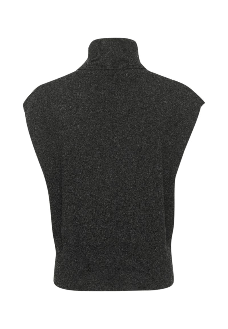 Dunkelgrauer ärmelloser Rollkragenpullover mit hohem Halsausschnitt und weicher Textur, der eine lockere Passform und ein minimalistisches Design aufweist.