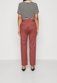 Pantalon fuselé couleur rouille avec poches arrière et un subtil détail de marque, associé à un t-shirt rayé noir et blanc. Texture de tissu lisse.